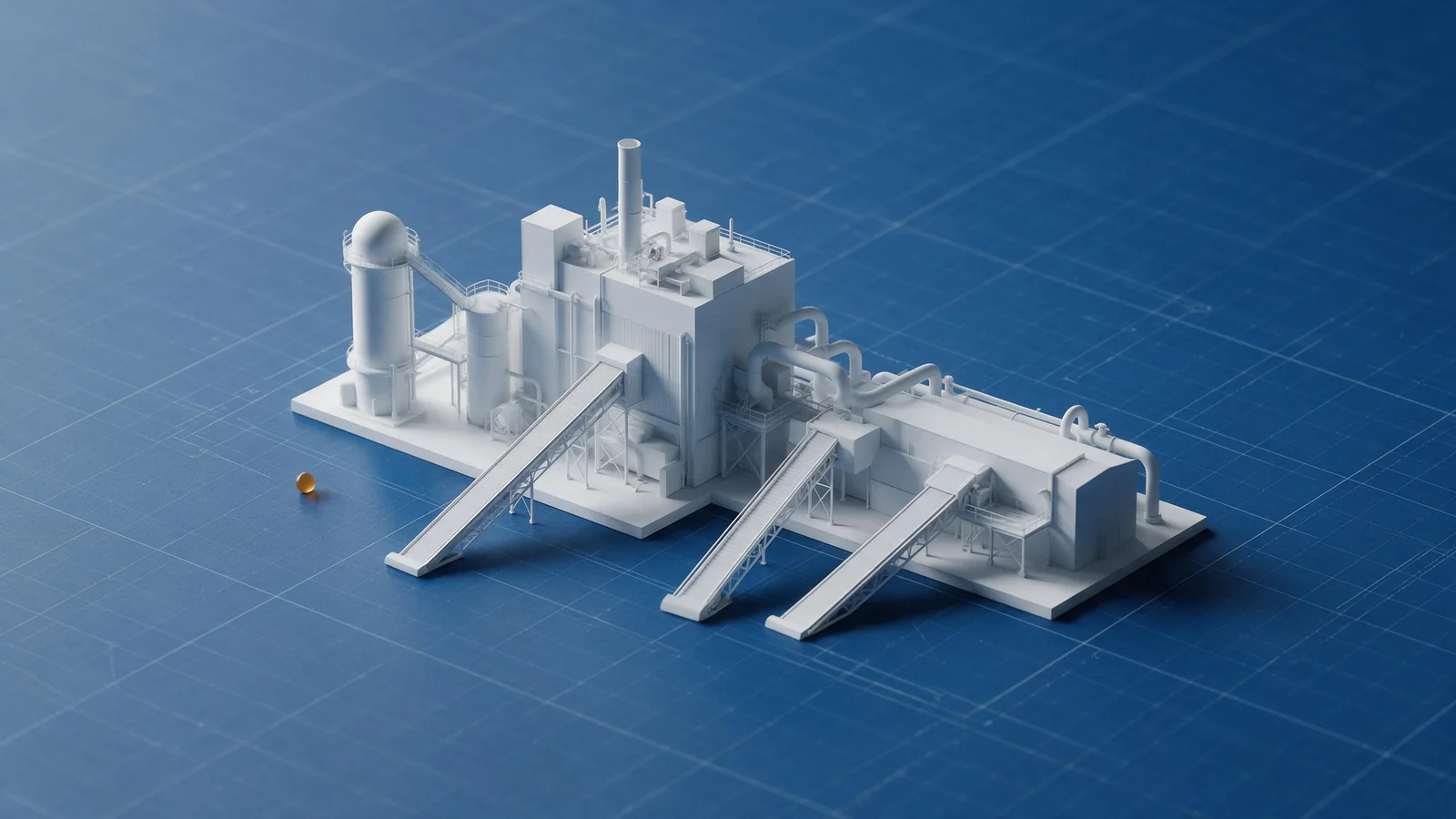 Abstract blueprint-style illustration of an industrial facility
